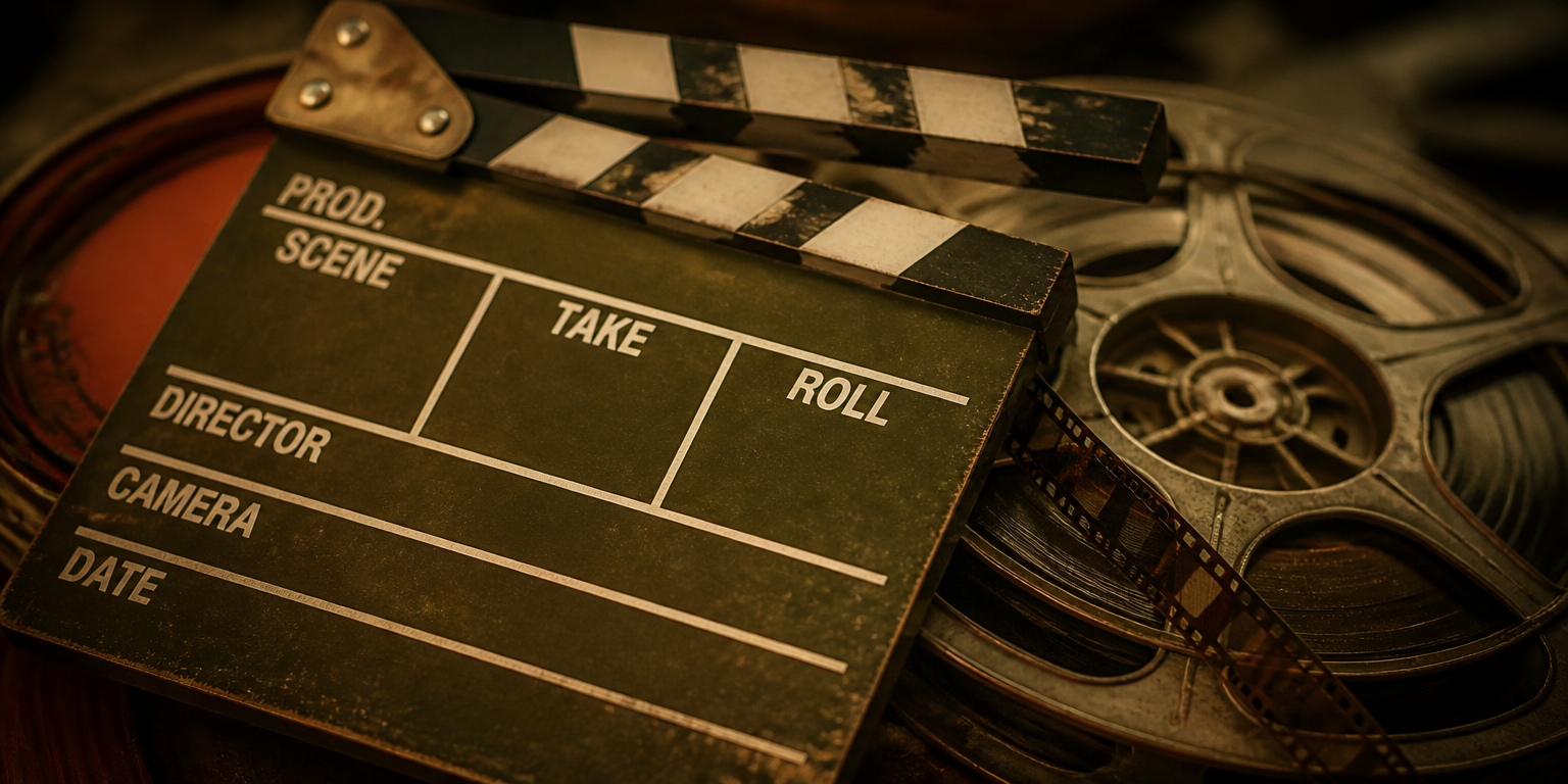 Still de detalhe de produção, claquete sobre rolo de filme