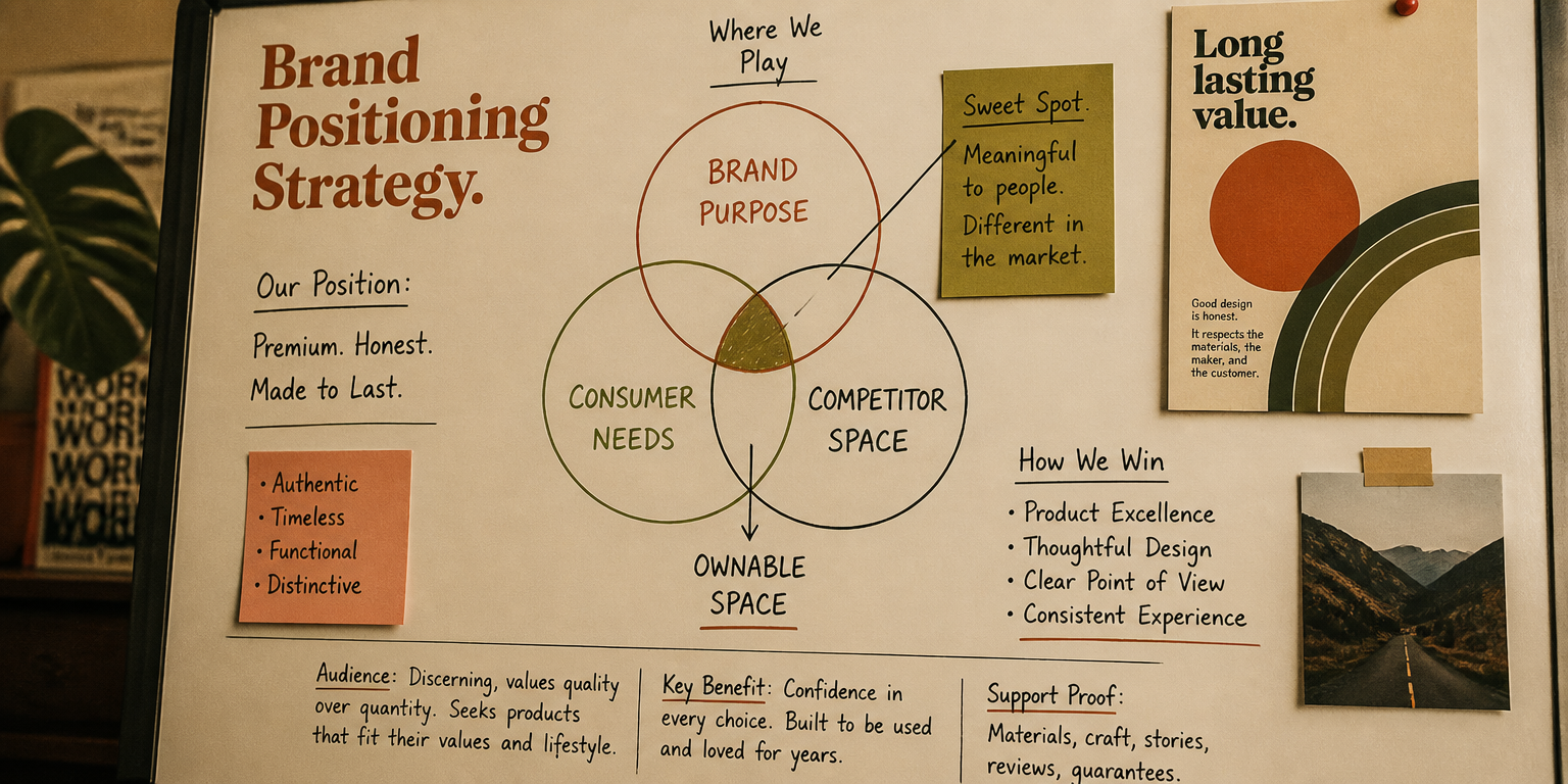 Quadro de posicionamento de marca com diagramas e post-its